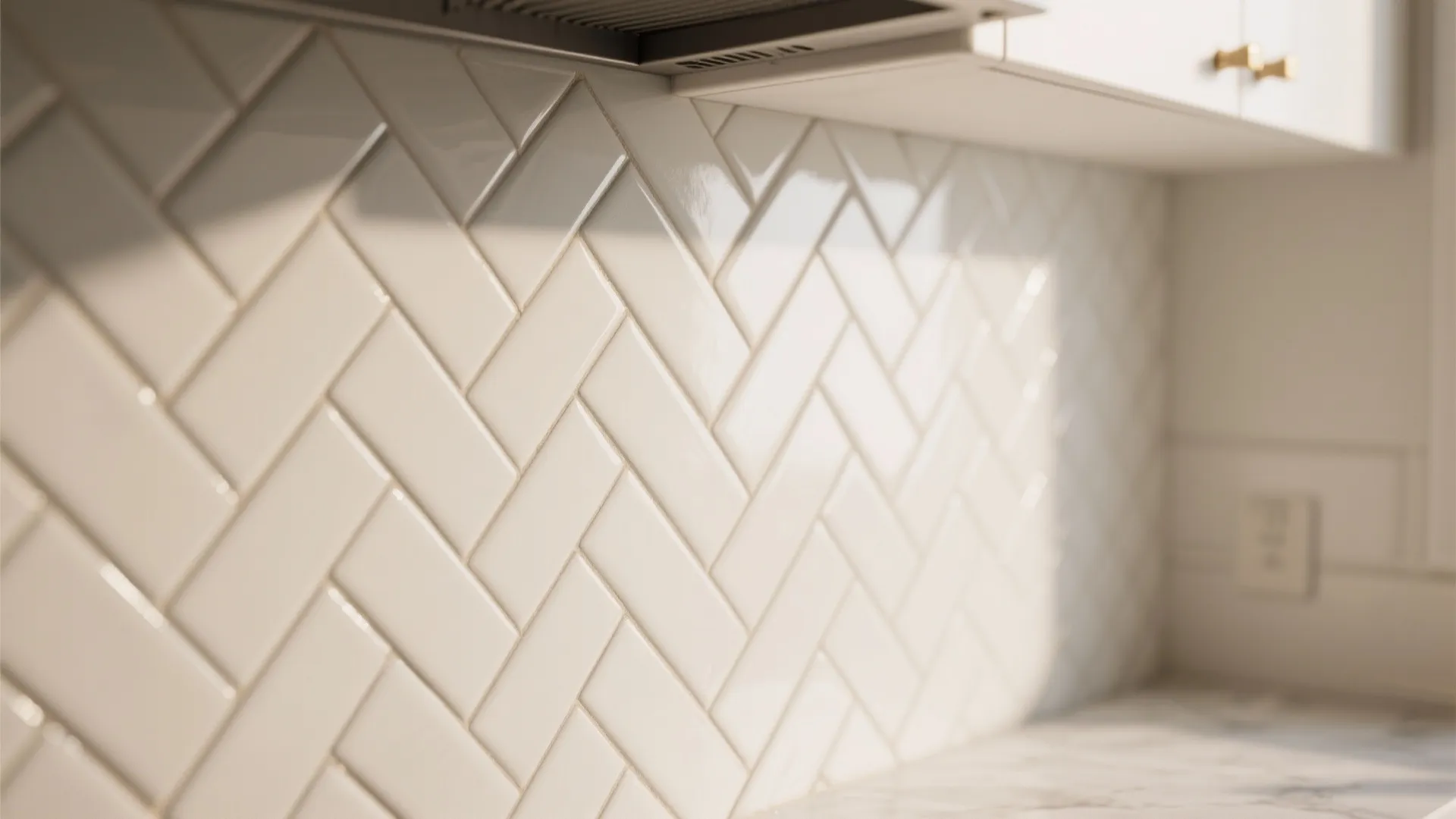 Close-up of herringbone subway tile pattern with precise grout lines and glossy finish.