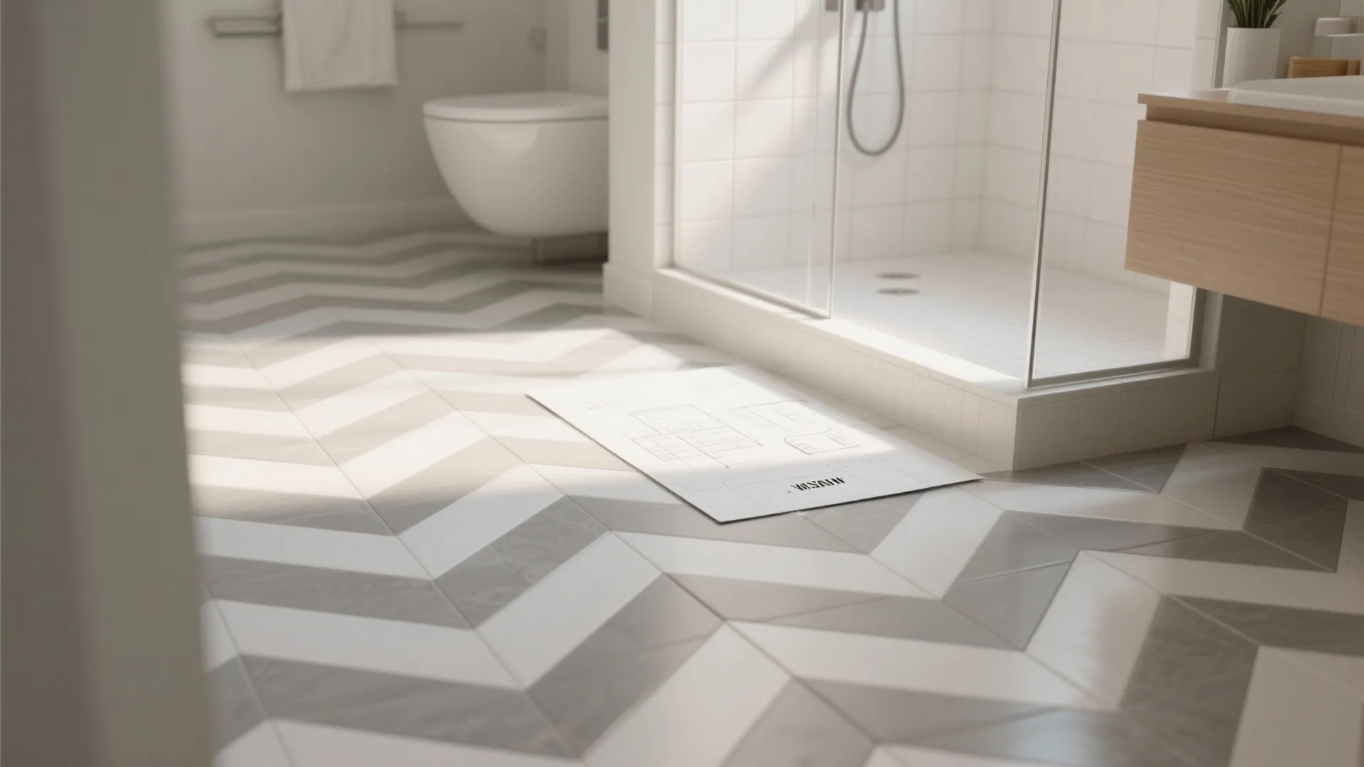 Modern bathroom with white toilet glass shower door and grey and white herringbone pattern floor tiles