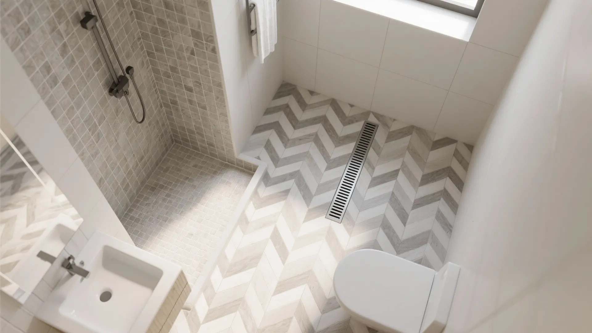 Top view of a bathroom layout featuring a walk-in shower sink toilet and floor drain
