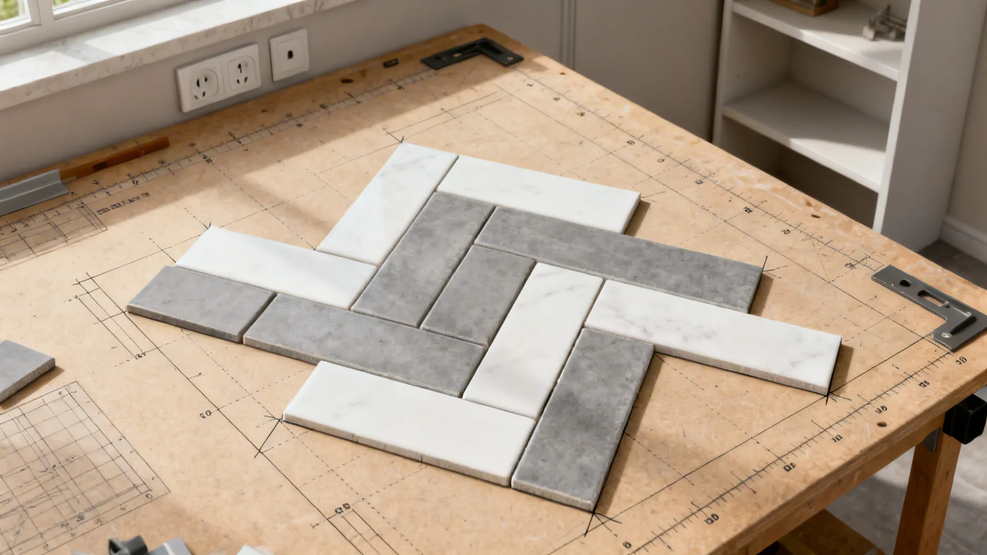 Top-down herringbone layout plan showing consistent angles and tile widths.