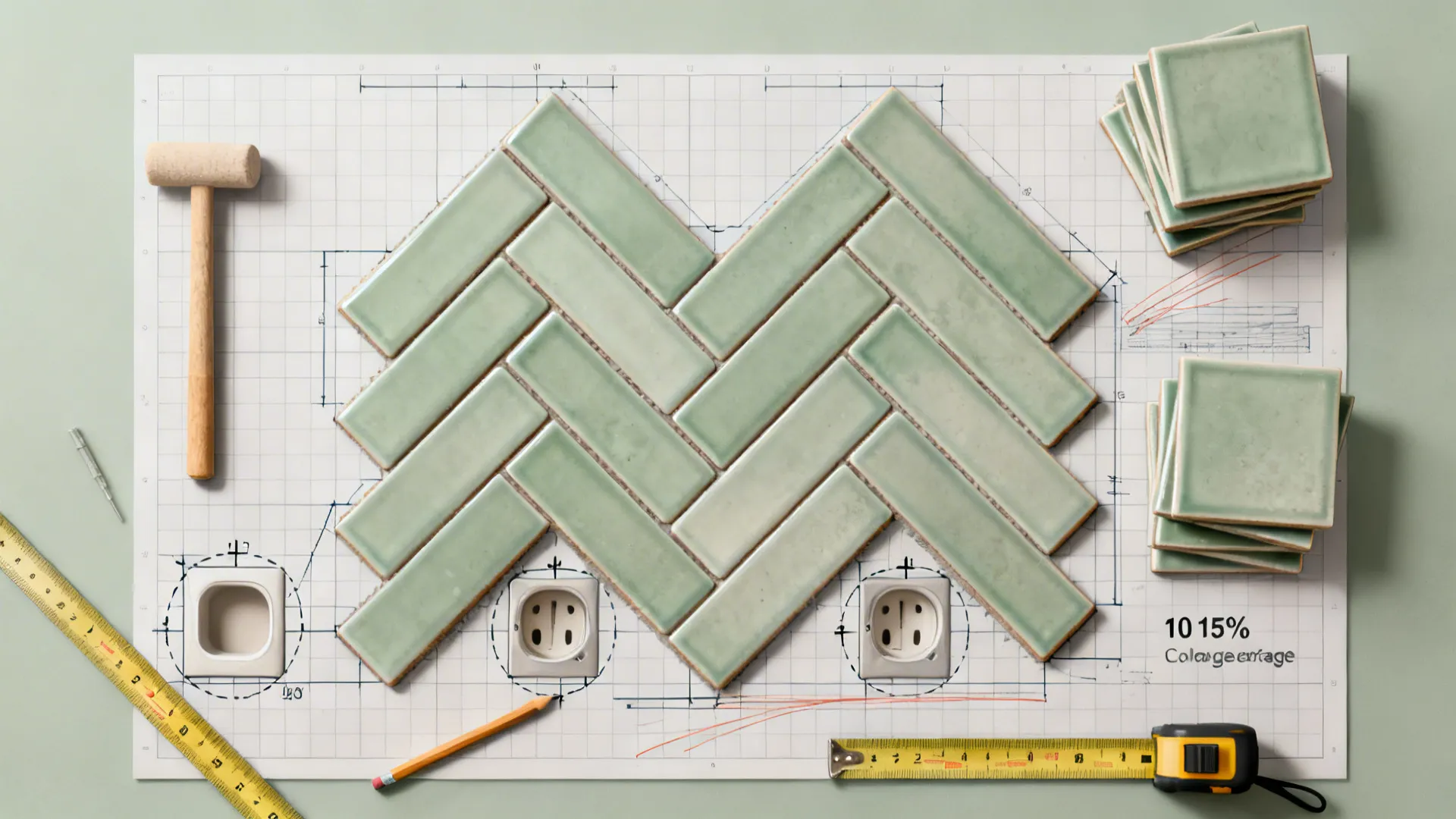 Top-down herringbone backsplash layout with outlet cut planning and extra tiles.