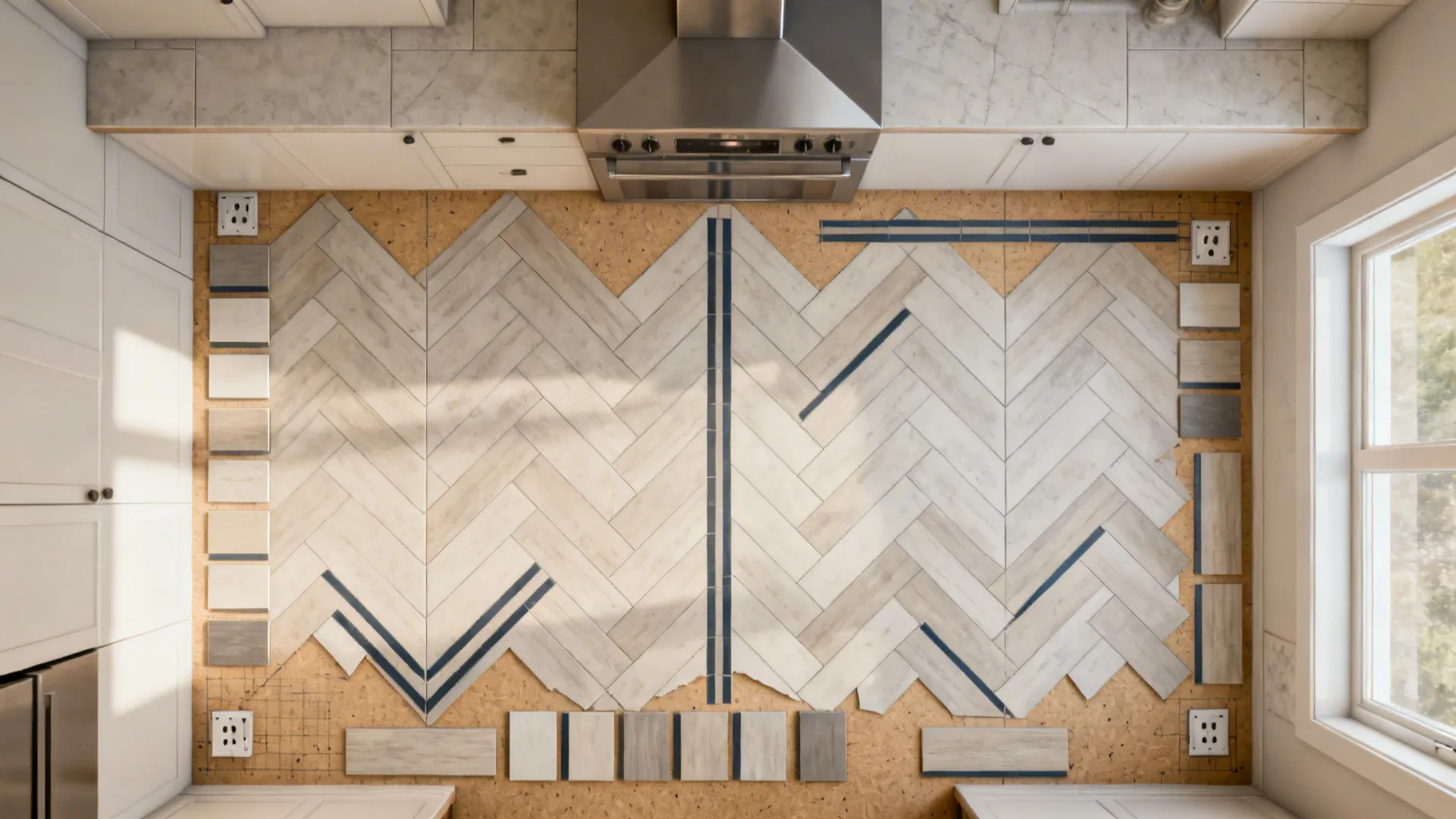 Top-down view of a herringbone tile layout aligned to a kitchen centerline with outlets planned.