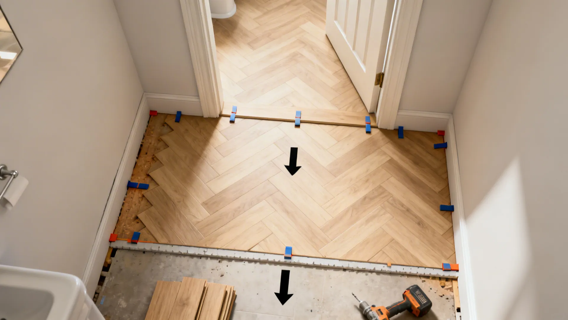 Top-down dry layout of pale herringbone vinyl planks aligning to a bathroom doorway.