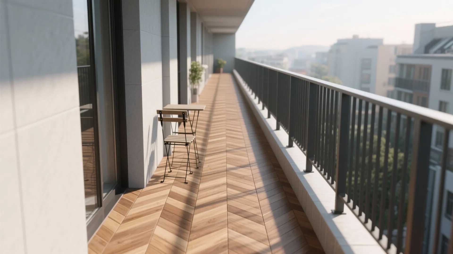 Long narrow balcony with wood pattern floor tiles a small table chair and metal railing