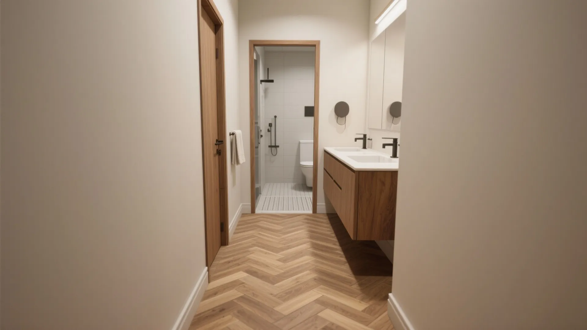 3) Herringbone Plank Tiles to Stretch the Room
