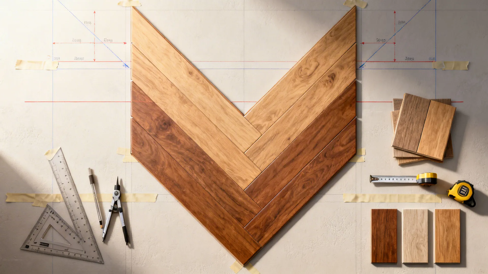Top-down layout planning of a herringbone wood tile pattern with angle guides and samples.