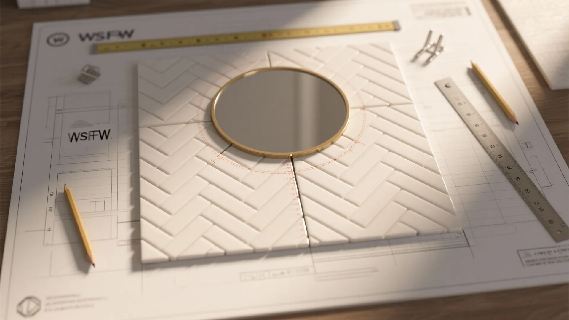Interior design drawing with white tiles a round mirror pencils and a ruler on top