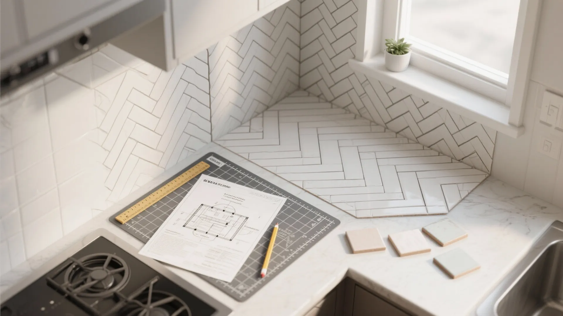 Top-down view of a tile layout mockup and room planner printout for a herringbone backsplash.