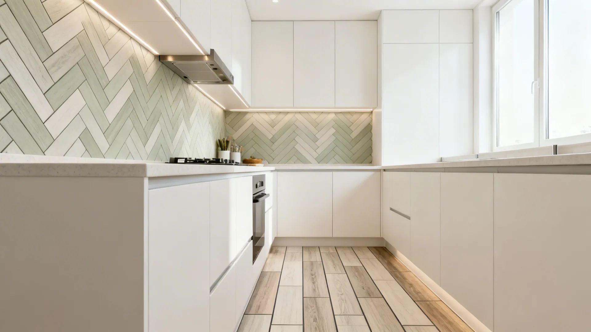 Slim porcelain planks in a herringbone pattern elongate a compact modular kitchen.