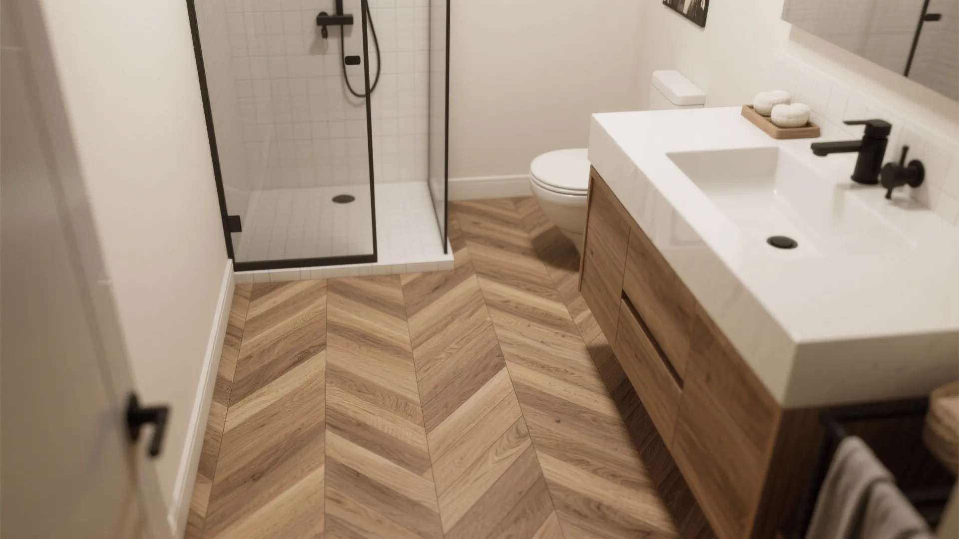 Continuous herringbone in slip-rated porcelain wood