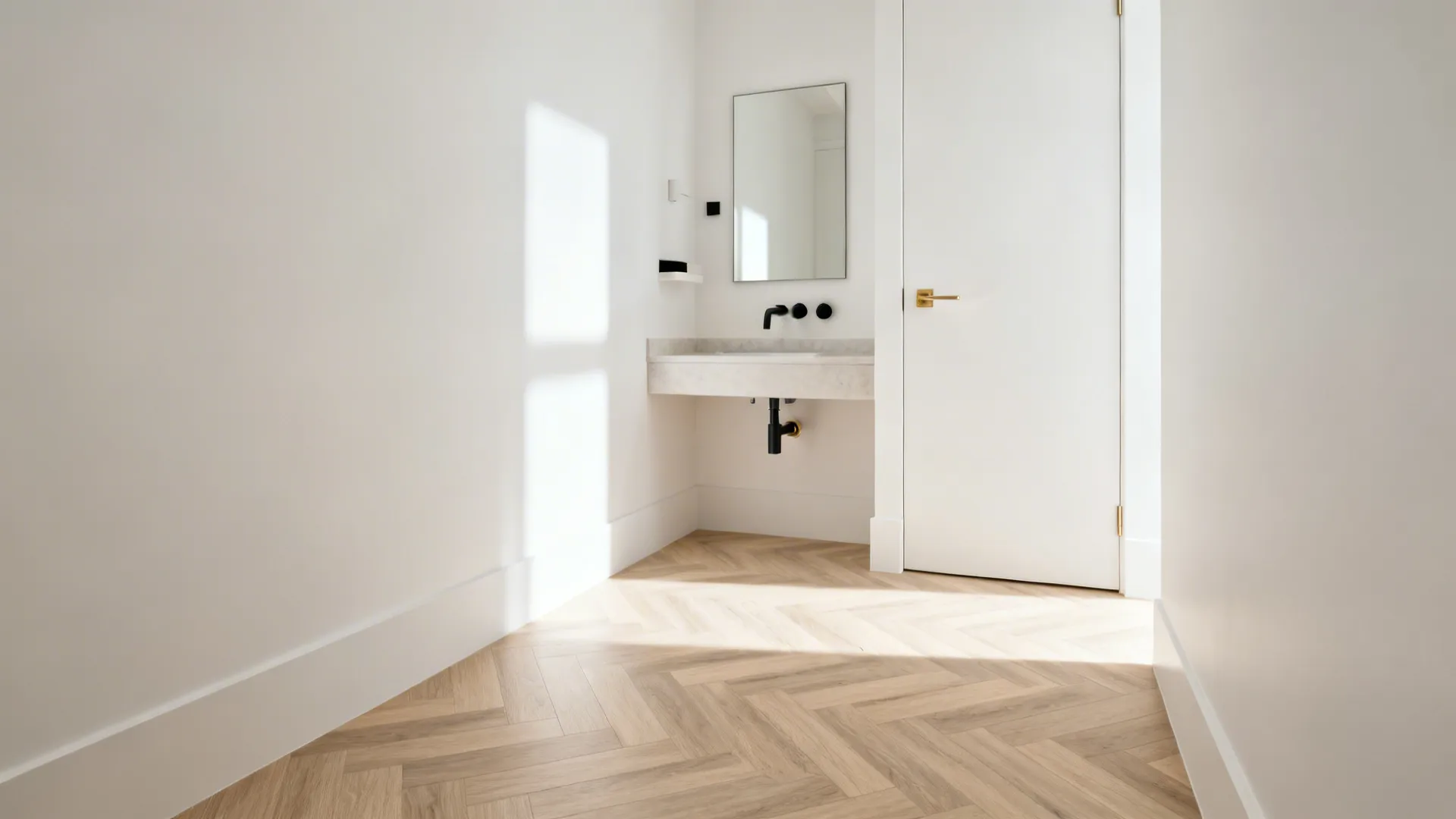 Tiny powder room with pale herringbone vinyl flooring for a boutique look.