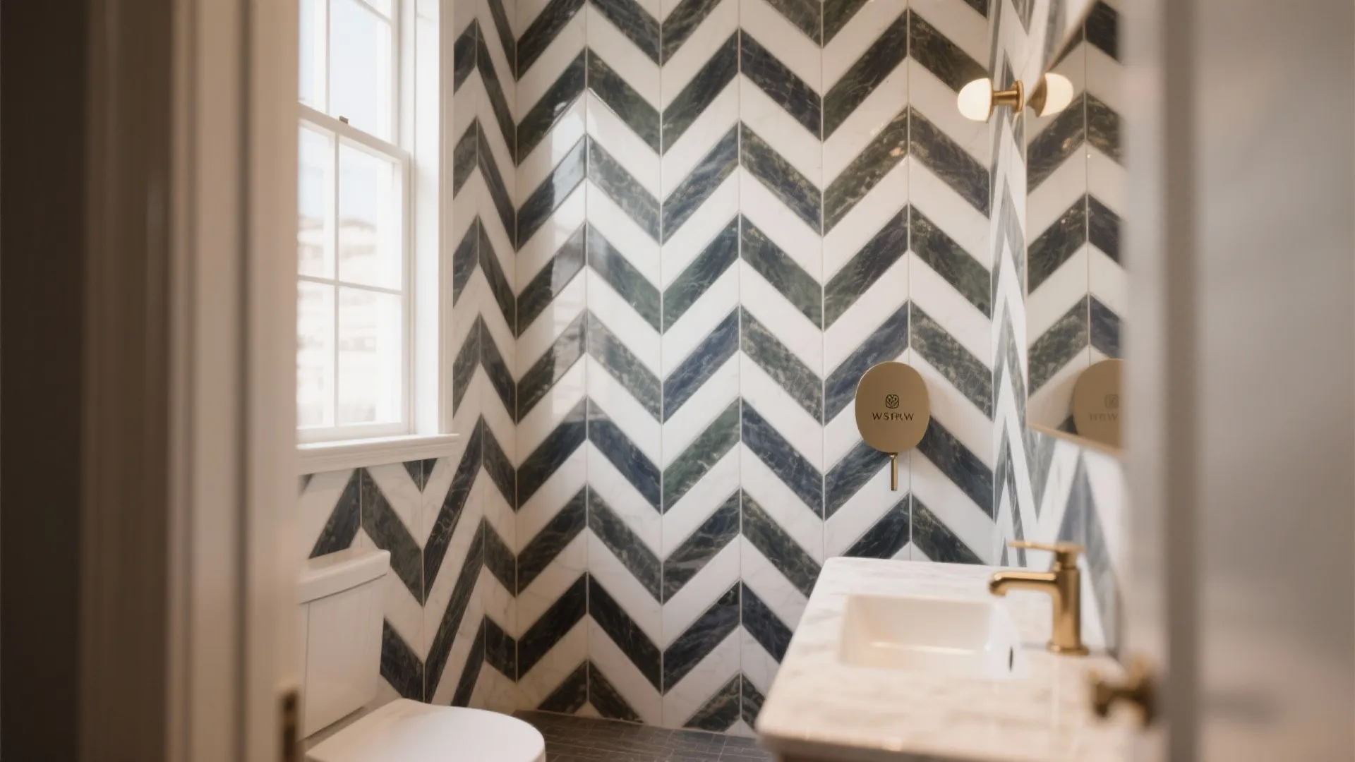Modern powder room featuring blue and white chevron wall tiles, marble sink, and gold faucet