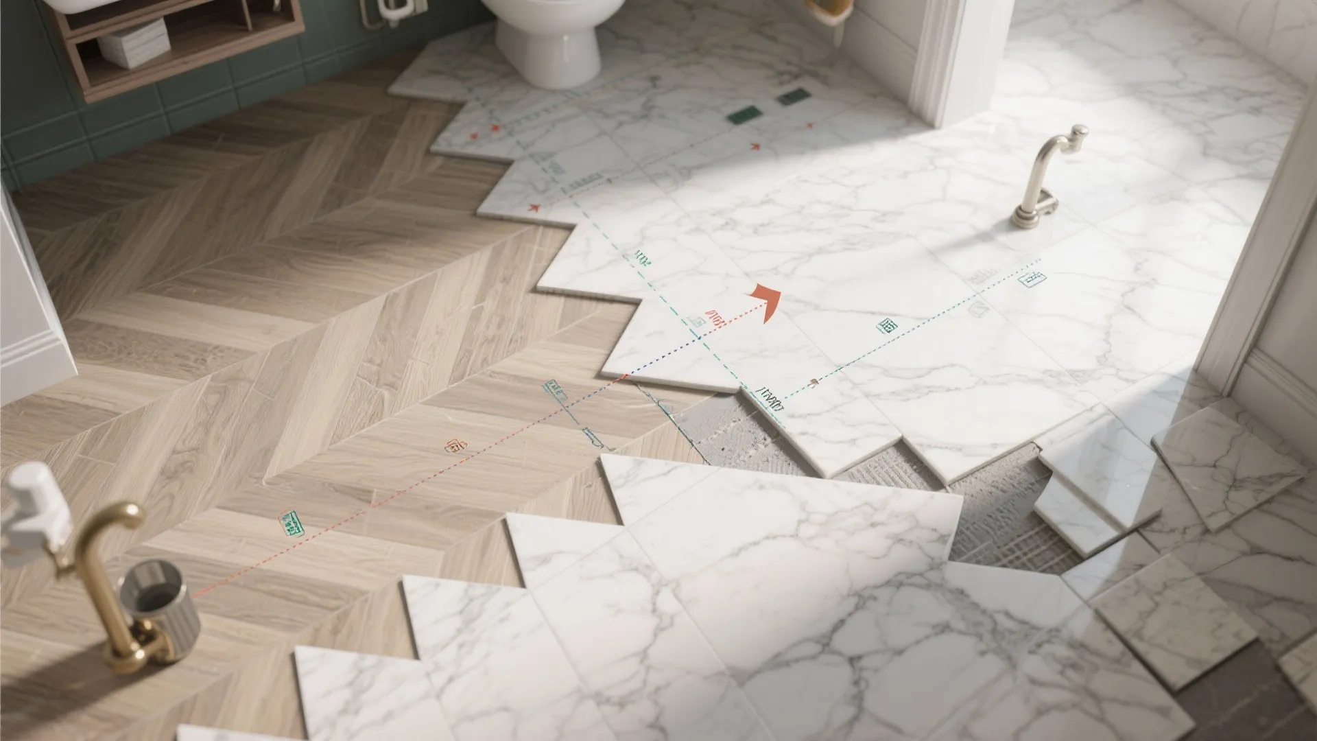 Top-down layout planning for herringbone tile floor with reference lines and narrow grout joints.