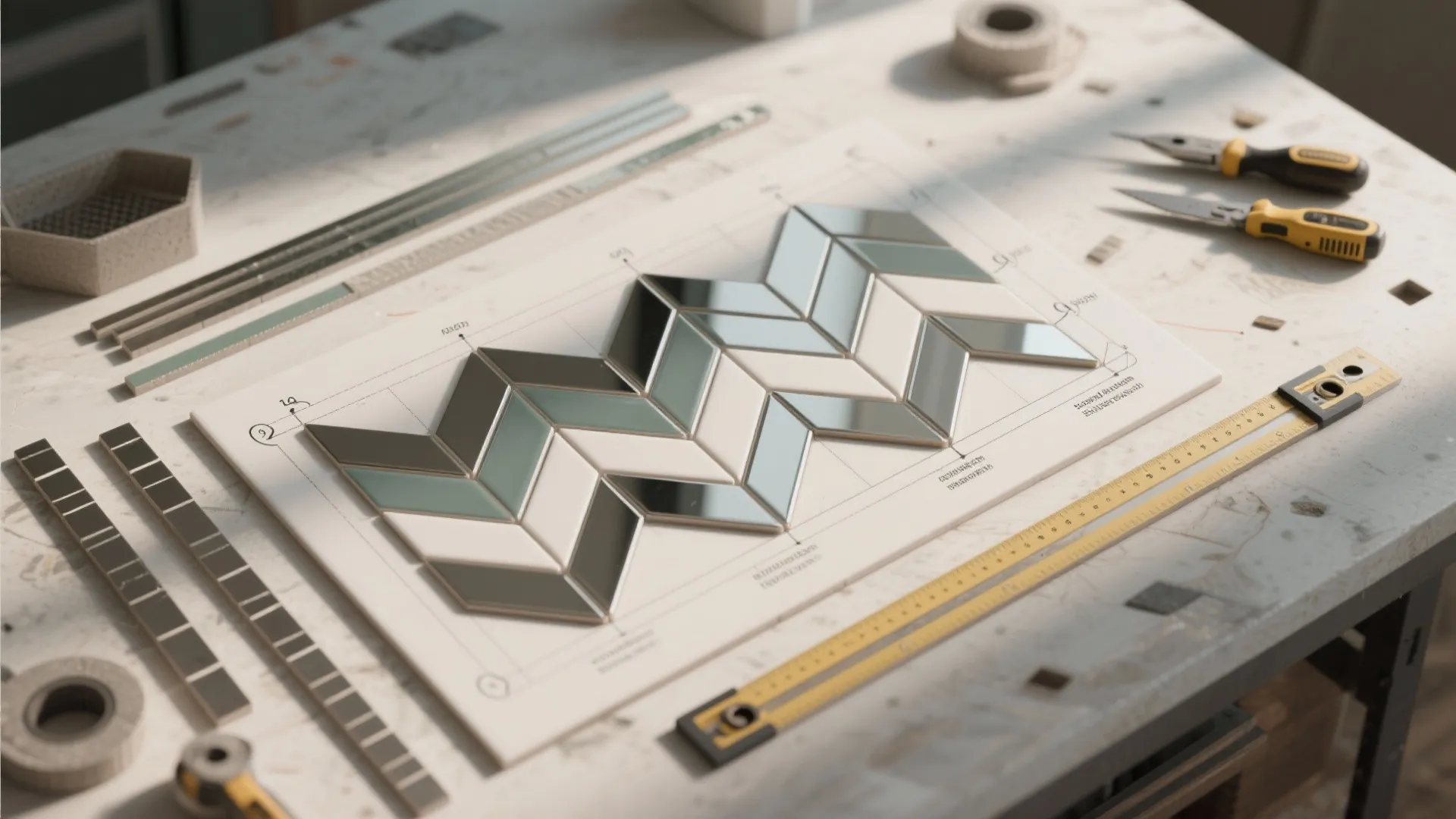 2) Herringbone mirror tiles for dynamic texture