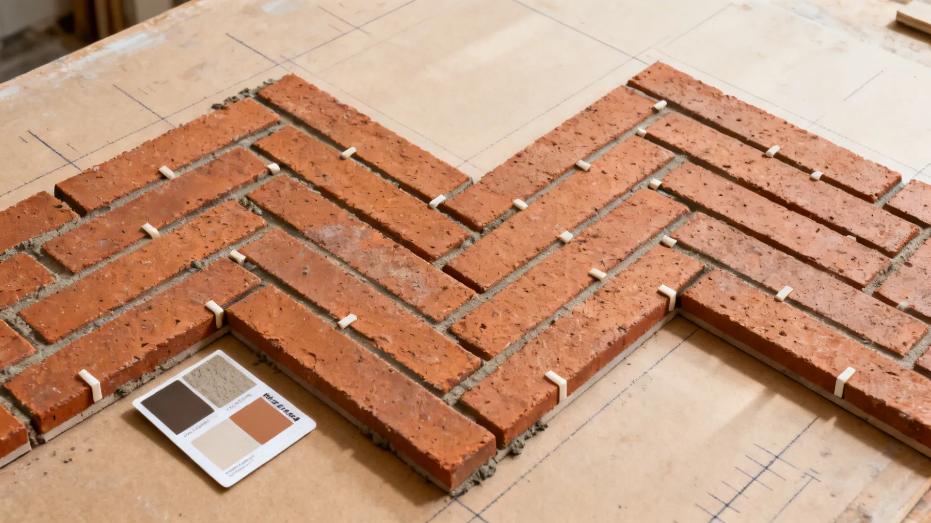 Top-down dry layout of herringbone brick tiles with spacers and grout swatches.