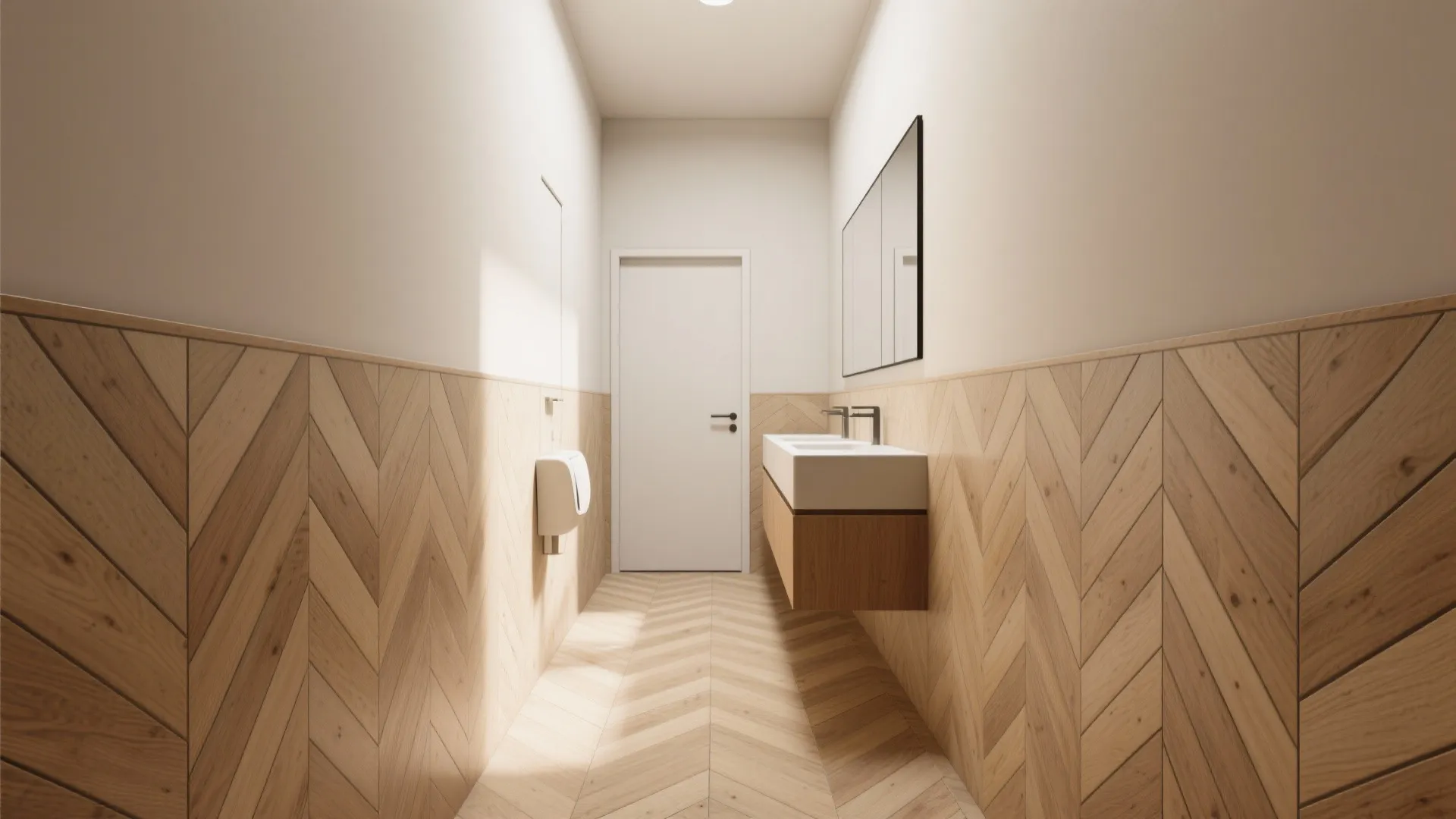 Herringbone planks to elongate the space