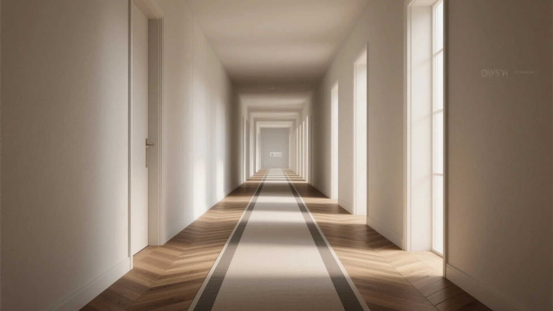 Long narrow hallway with white walls wood floor patterned rug and sunlight from side windows