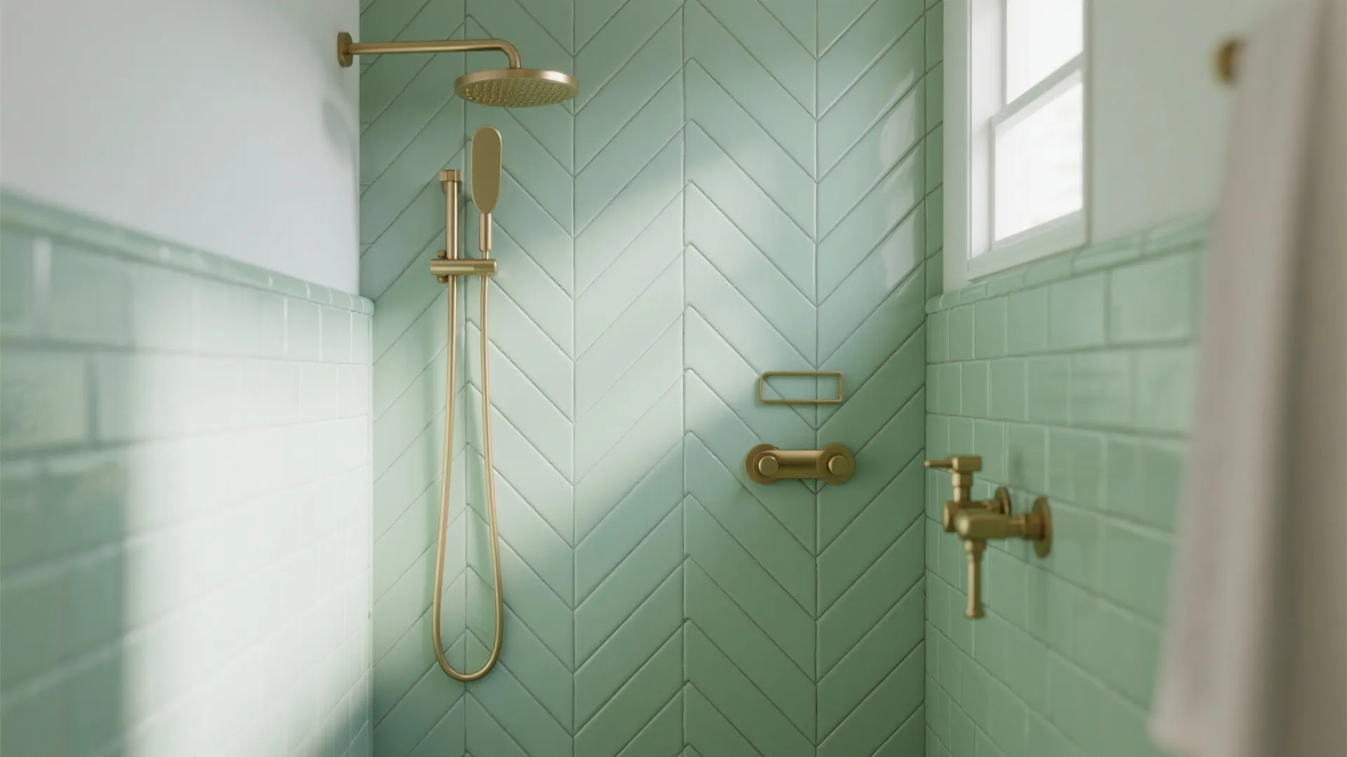Shower area with light green wall tiles in a pattern and gold colored metal shower head