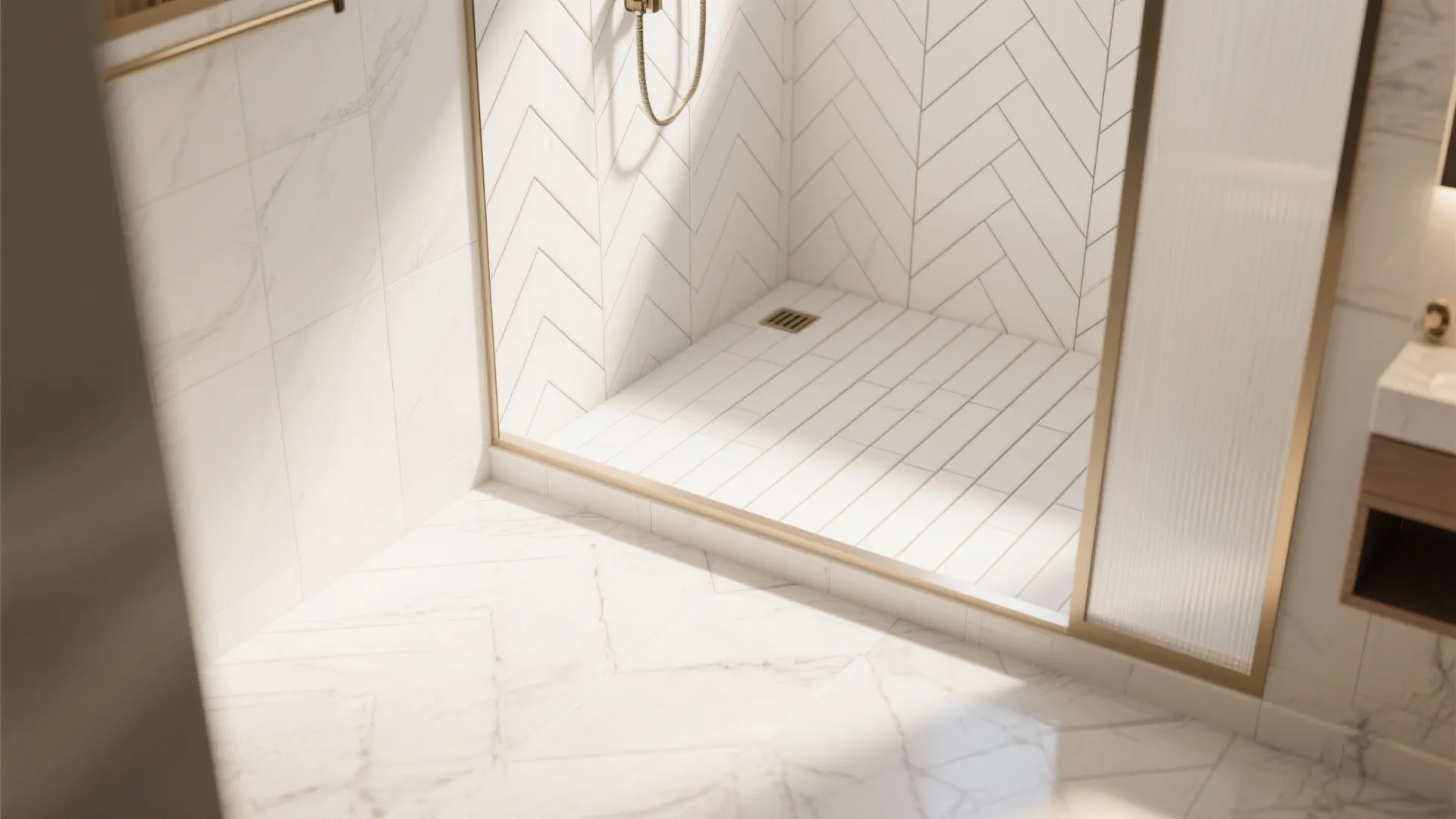 4) Herringbone or chevron with white tiles