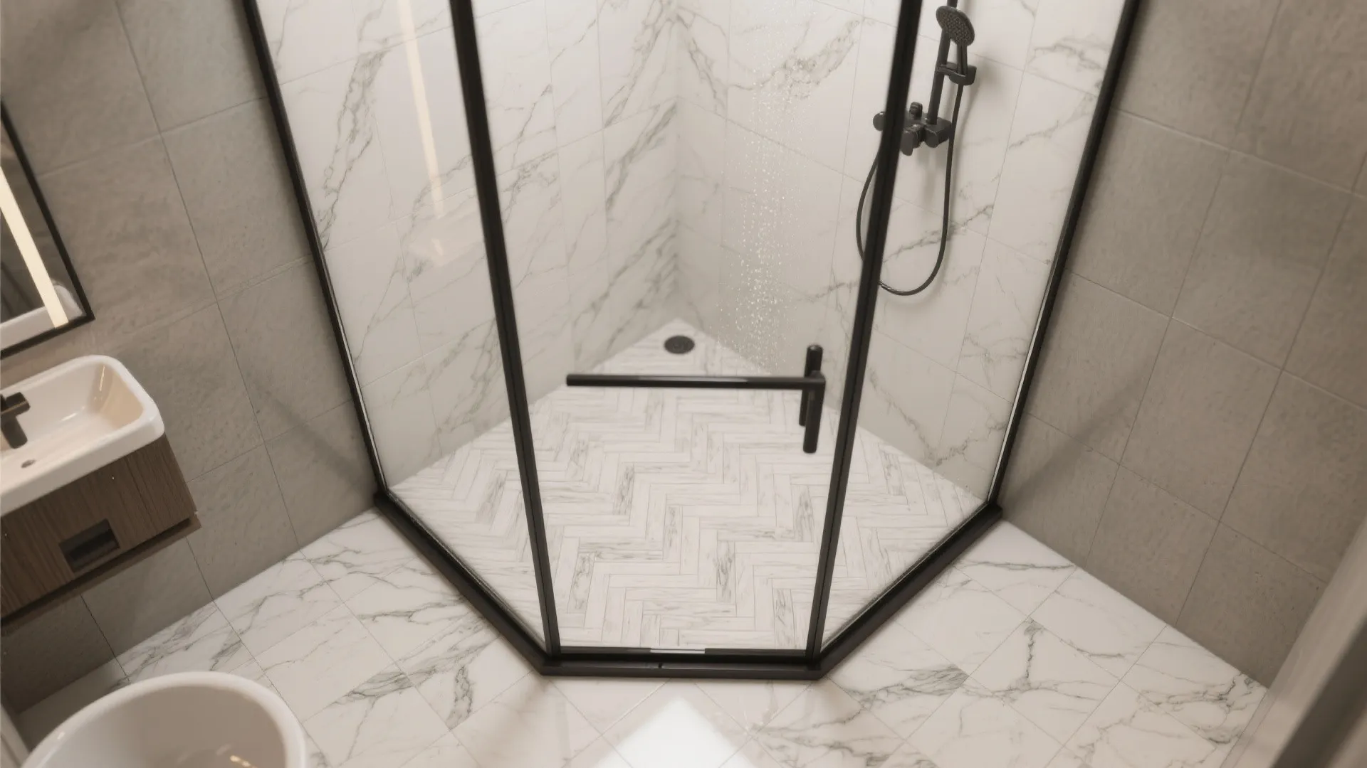 Modern bathroom with white marble tile shower floor and black frame glass door beside small sink