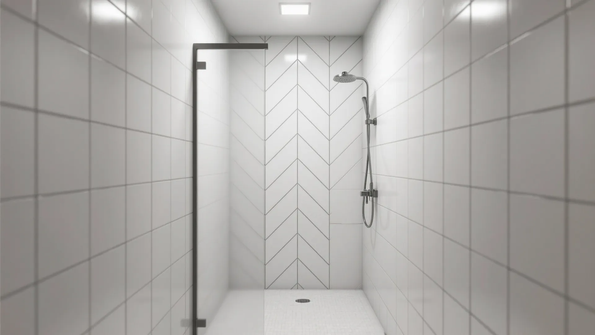 Modern white walk in shower with herringbone pattern tiles glass door and silver metal shower