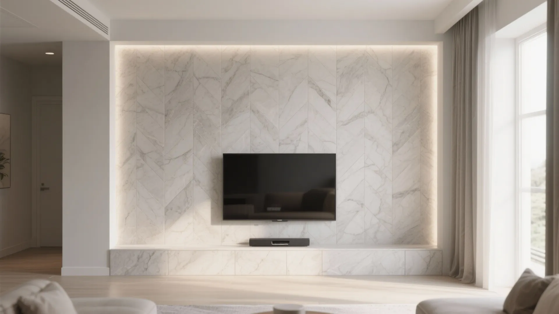 Modern living room feature wall with V shaped marble tiles, television, curtains, and soft lighting