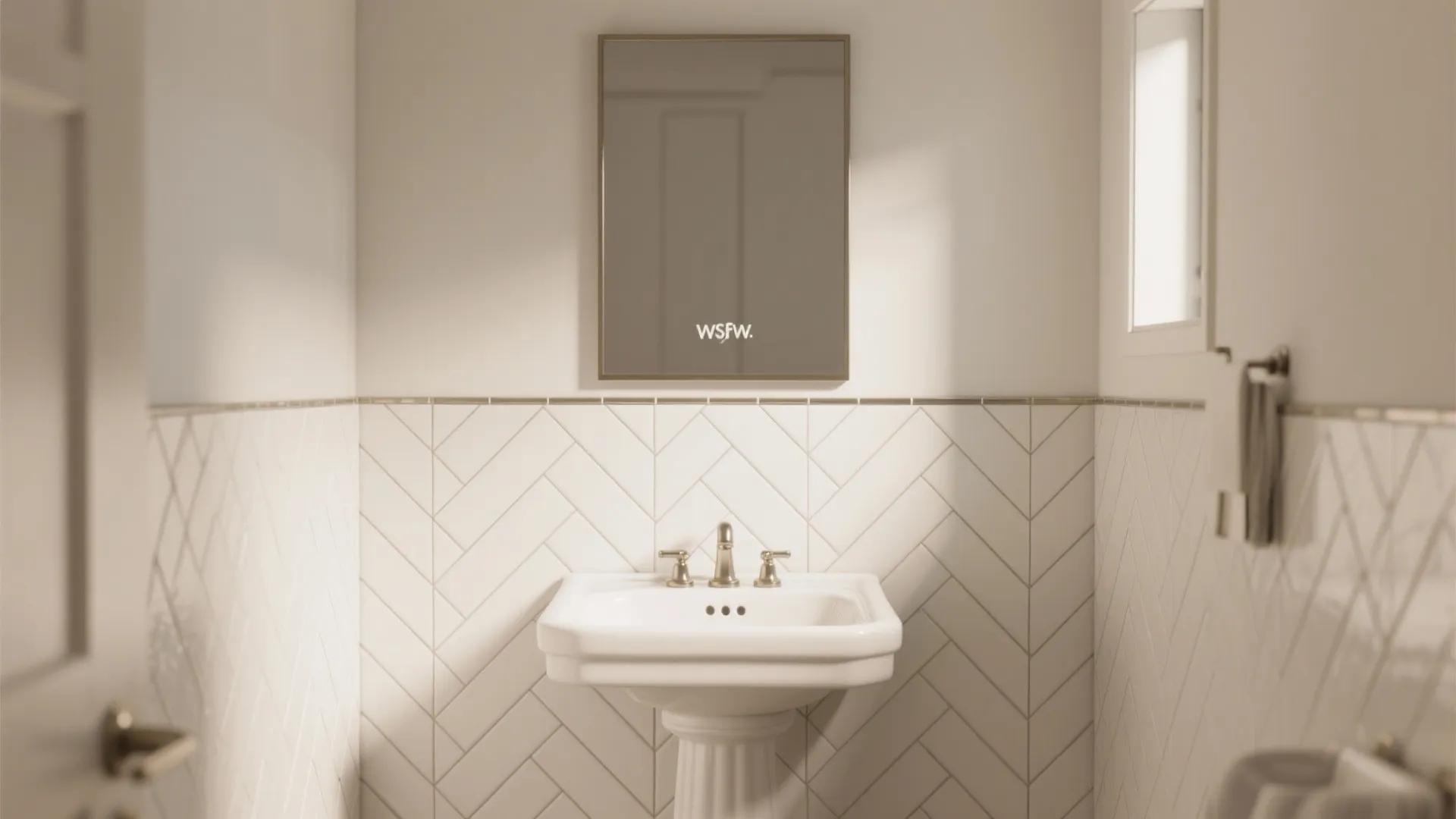 White bathroom sink with silver faucet in front of a white herringbone patterned tile wall