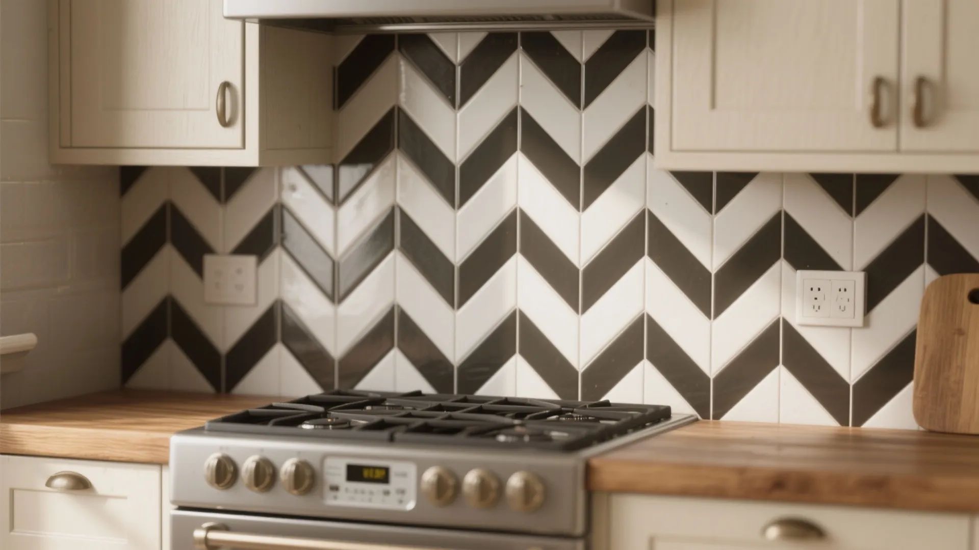 Herringbone ceramic subway tile backsplash with dark grout behind a small kitchen stove.