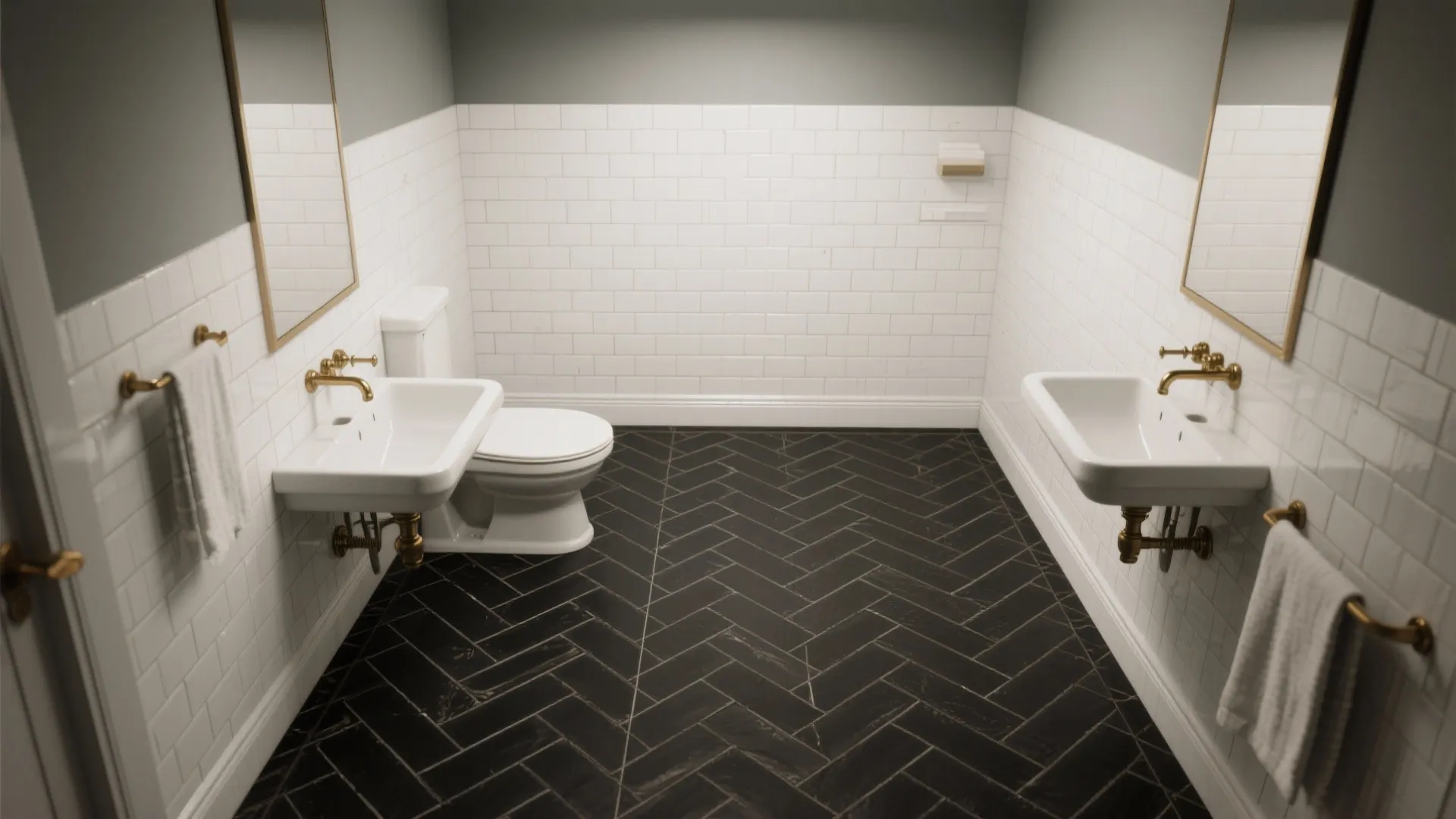 3. Herringbone black floor with white subway walls