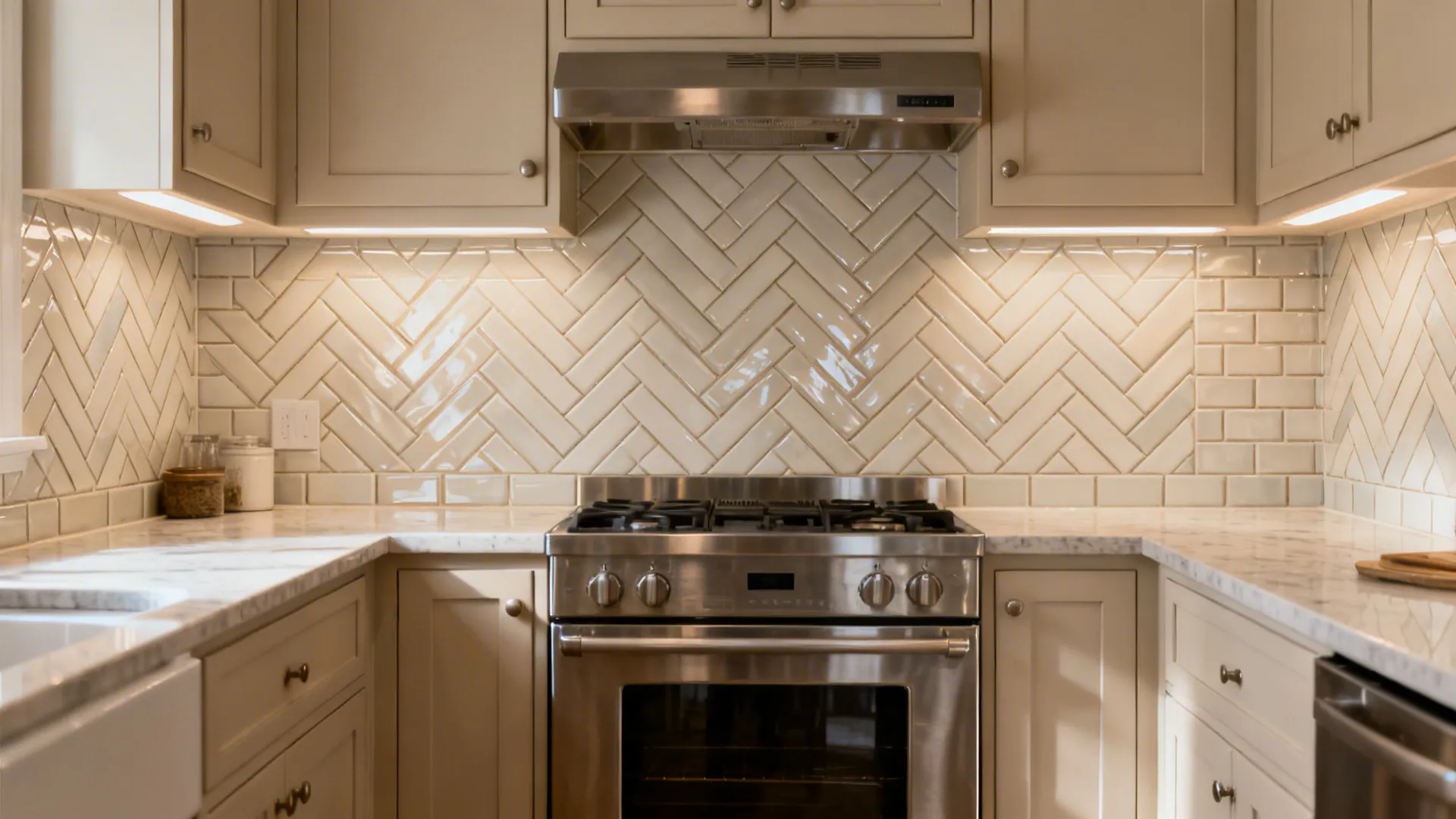 Semi-gloss herringbone subway tile backsplash brightening a compact U-shaped kitchen.