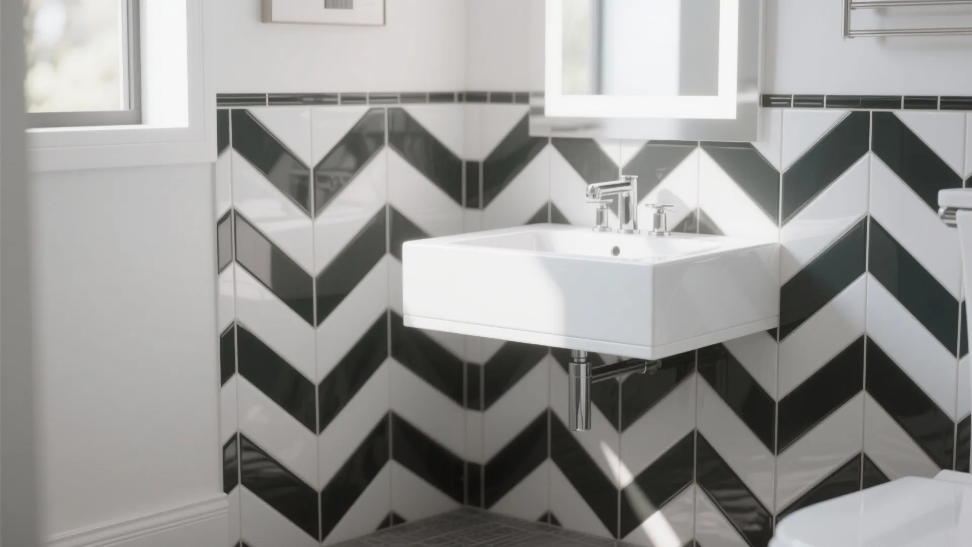 White vanity with subway tiles in herringbone layout and contrasting grout