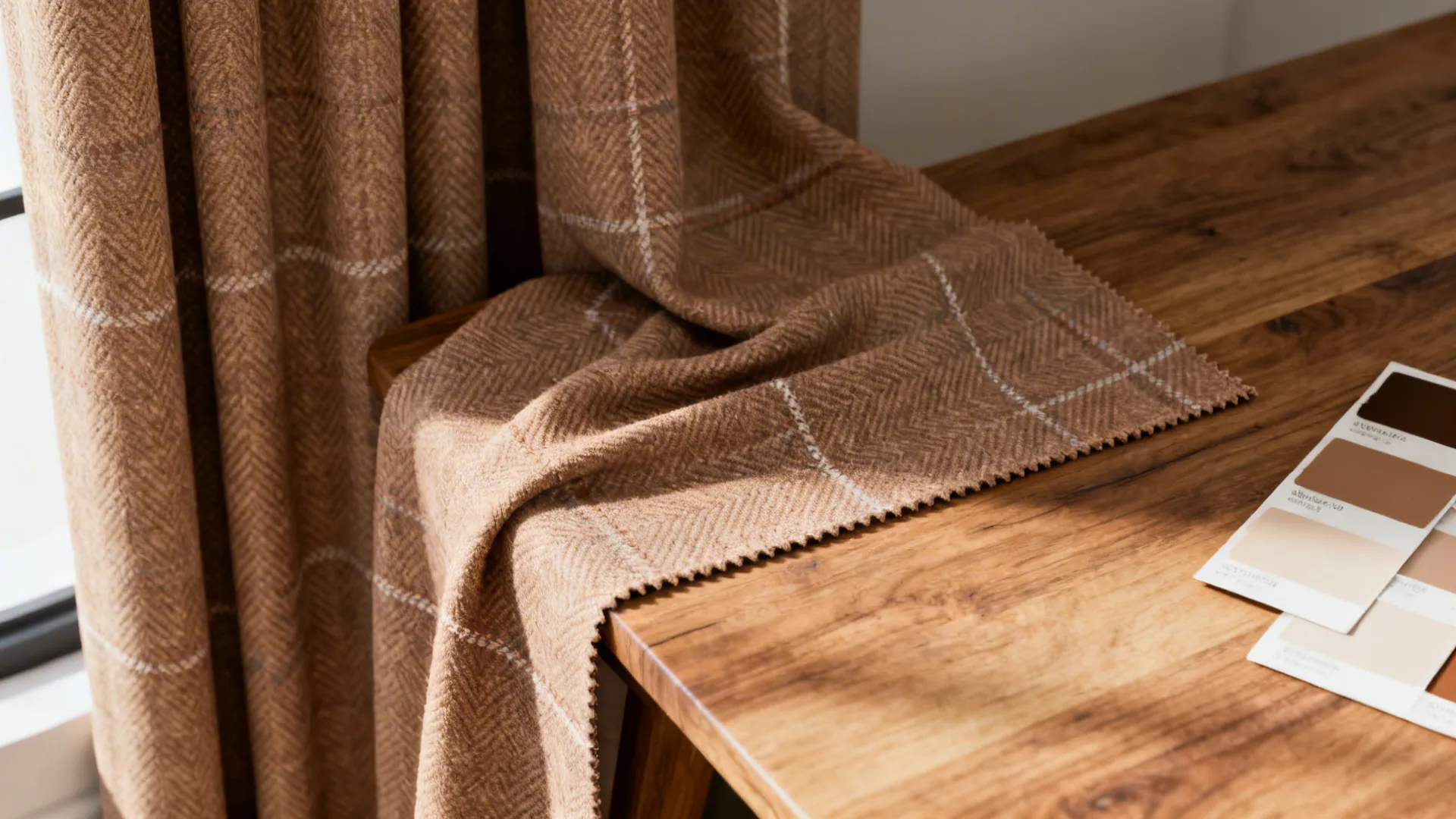 Swatch of light brown curtain fabric with subtle herringbone texture and faint checks