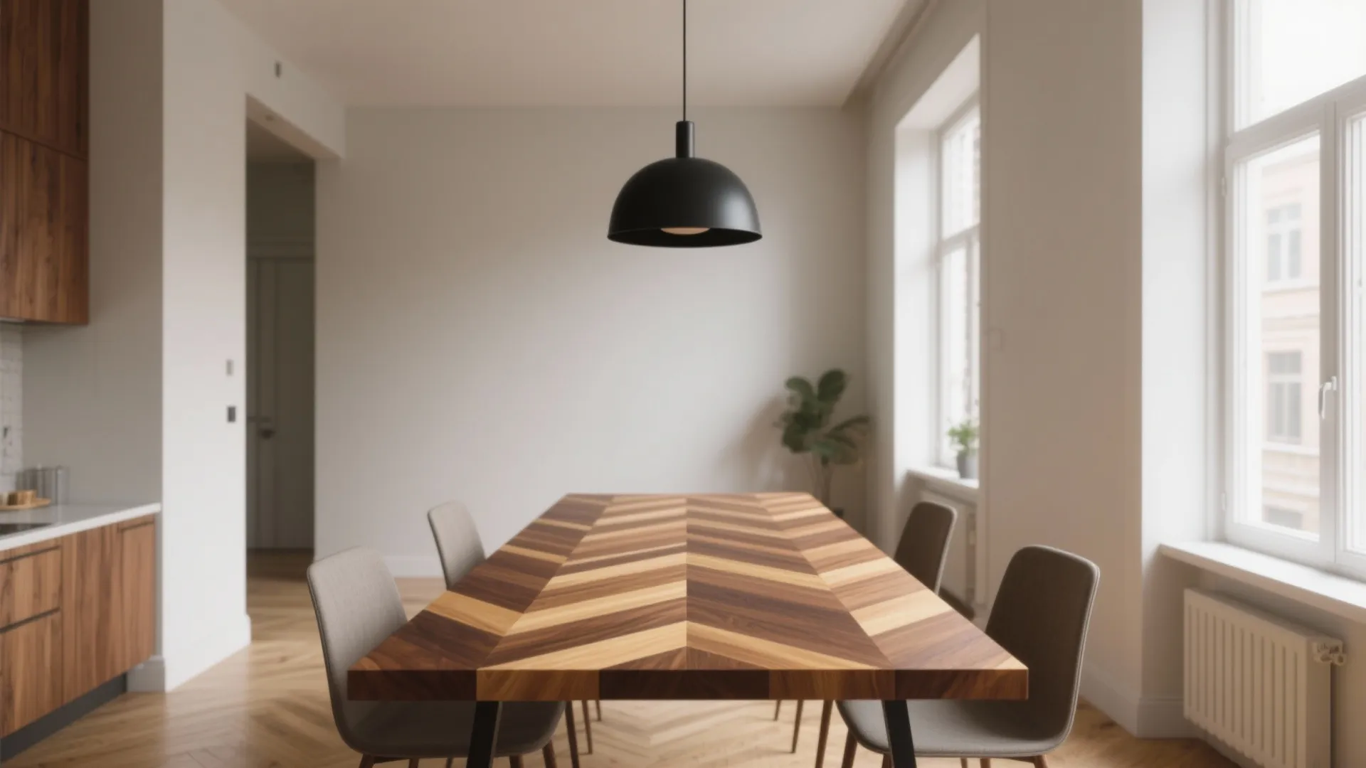 Modern wooden dining table with herringbone pattern black ceiling light grey chairs and bright windows