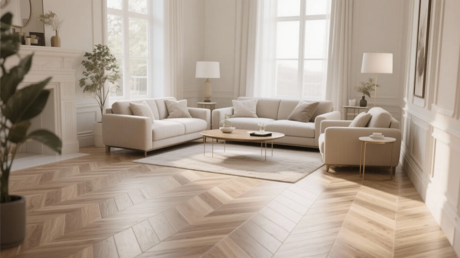 Elegant living room with herringbone patterned tile flooring