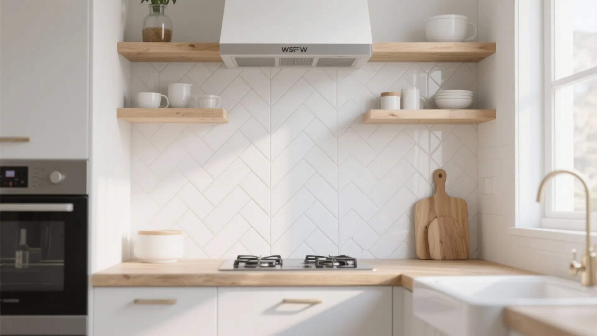 Modern white kitchen with wood countertops white wall tiles in pattern and open wooden wall shelves