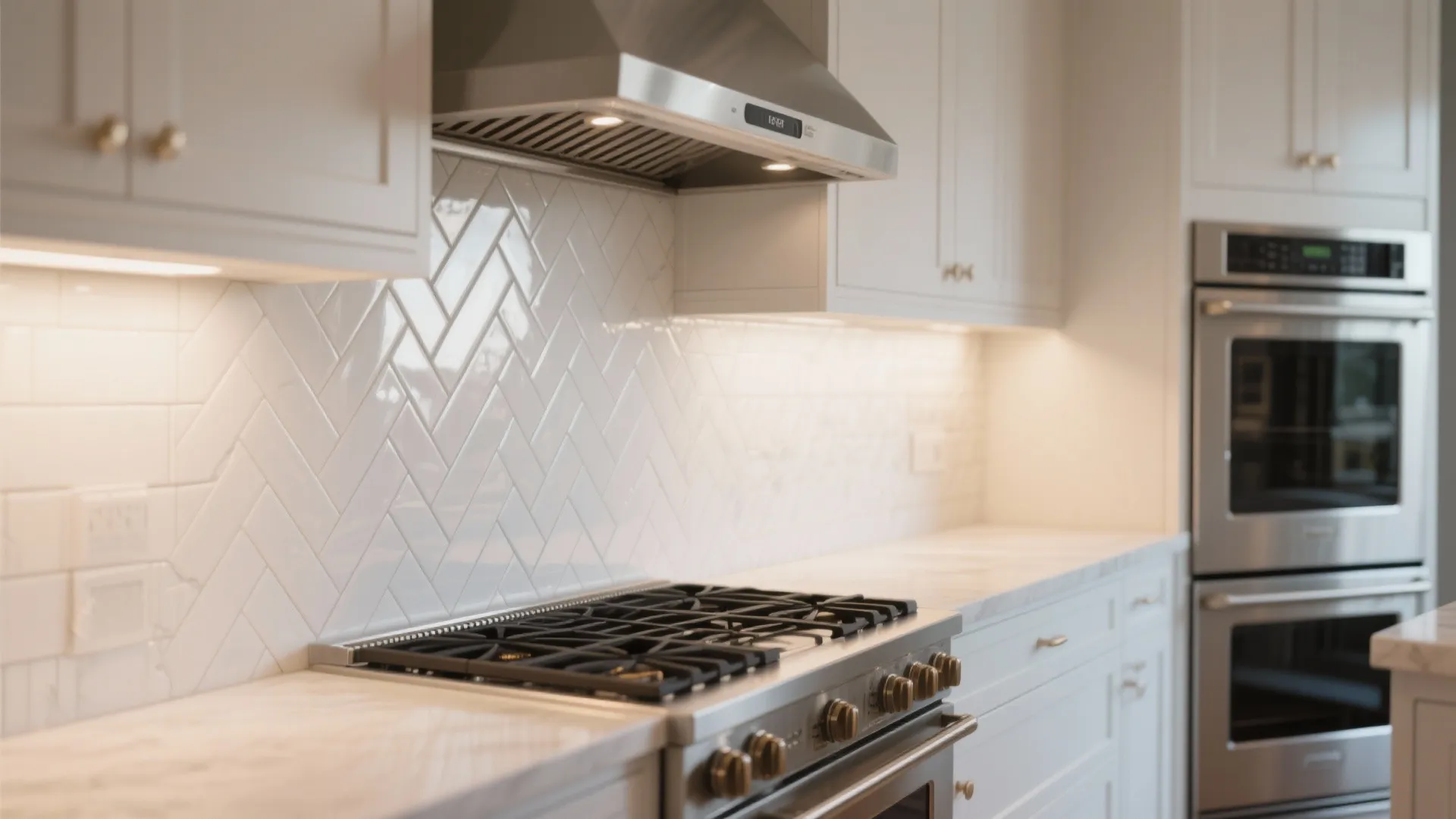 White kitchen wall with herringbone tile design including gas stove and stainless steel oven appliances