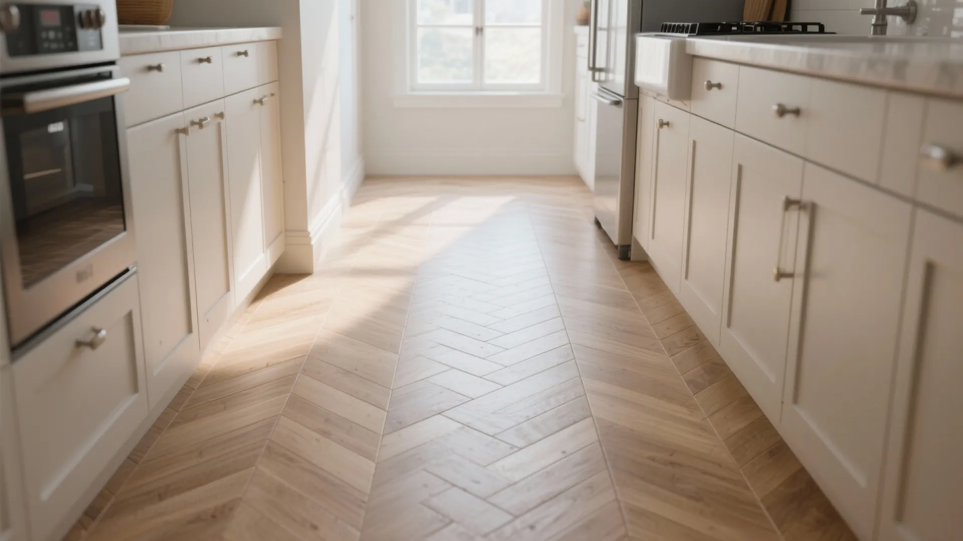 Bright kitchen narrow aisle with light wood floor pattern between white cabinet and stainless oven