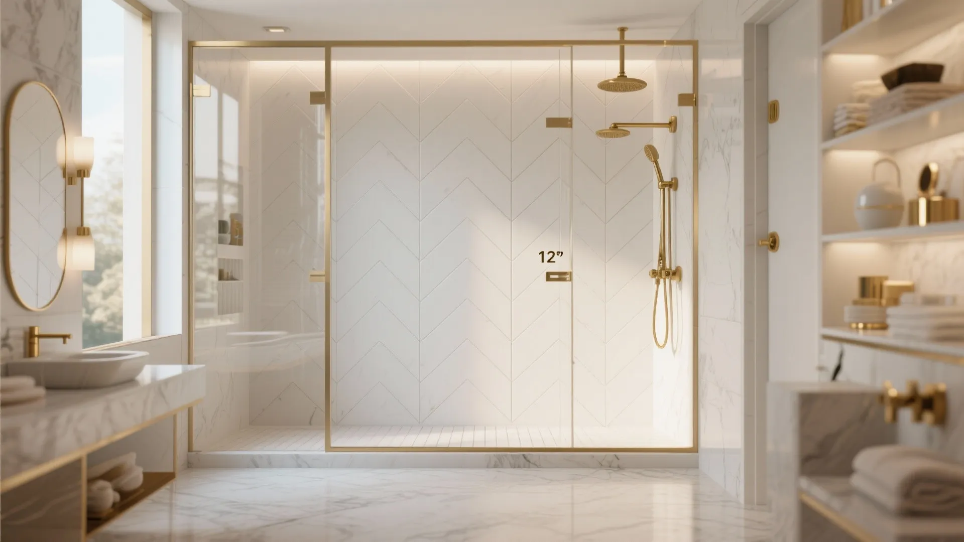 Shower wall with 12x24 tiles in herringbone pattern