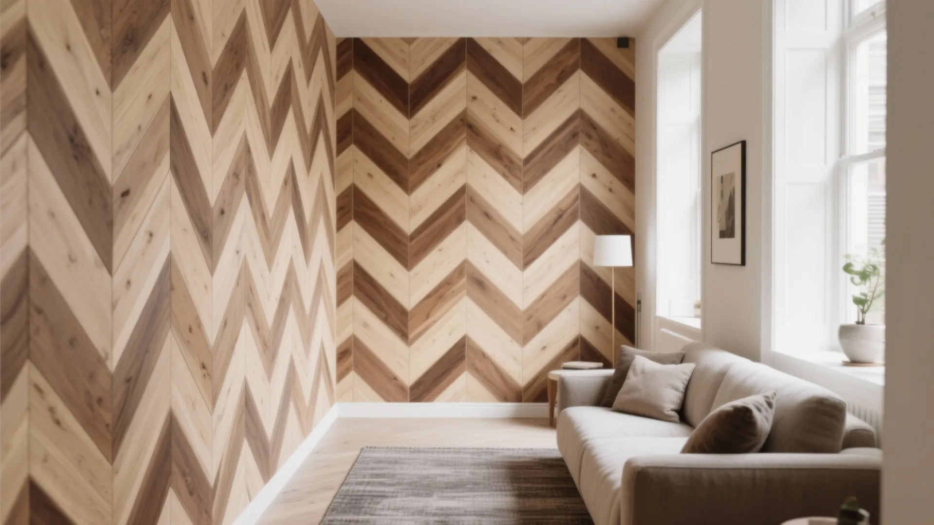Modern living room featuring a zig-zag wood wall pattern, beige sofa, rug, and natural light