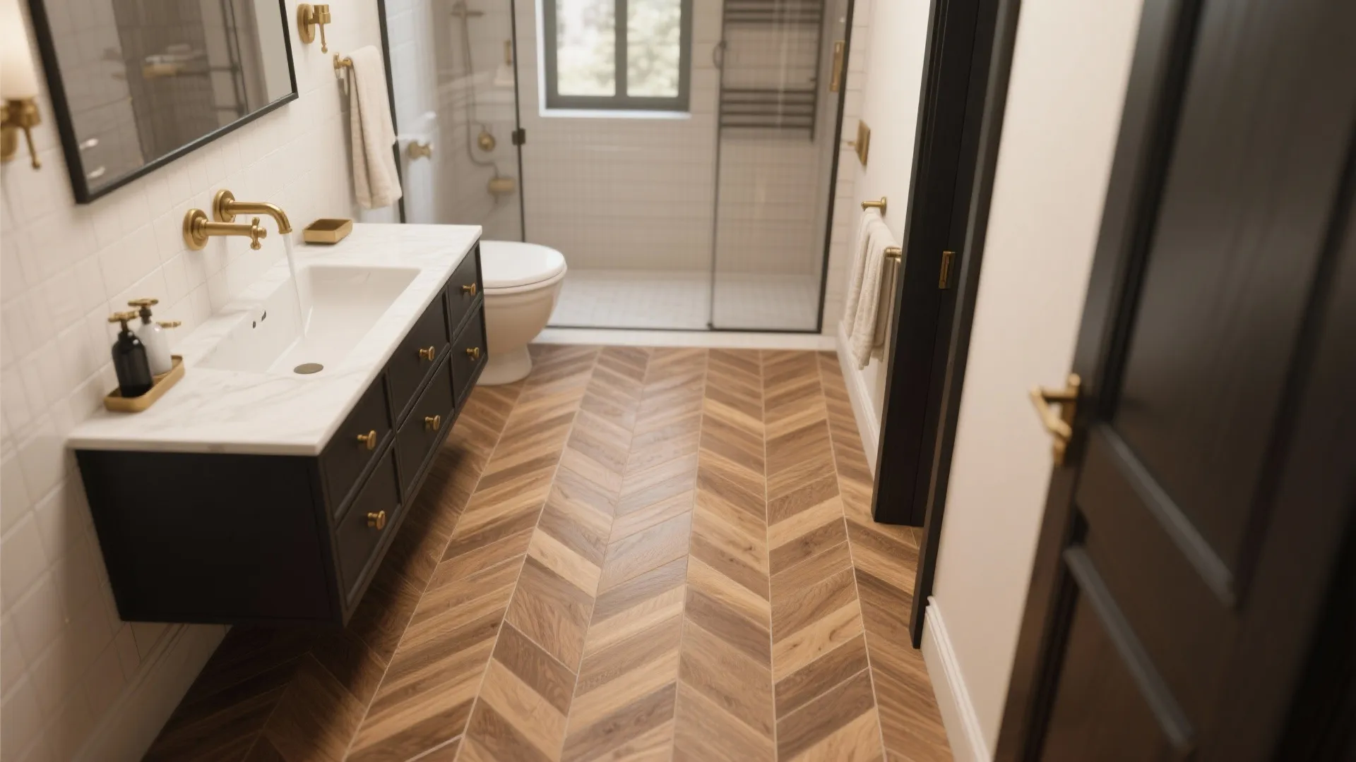 Modern bathroom with dark wood cabinet gold water taps glass shower and herringbone pattern floor