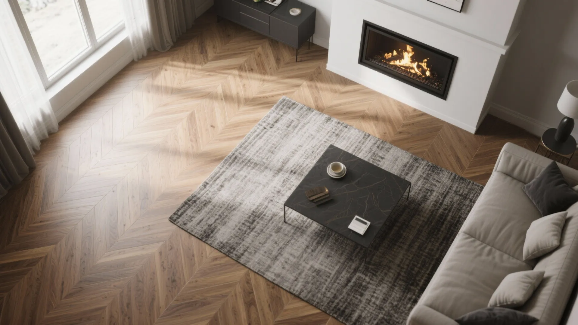 Modern living room with wood floor rug coffee table burning fireplace sofa and natural sunlight