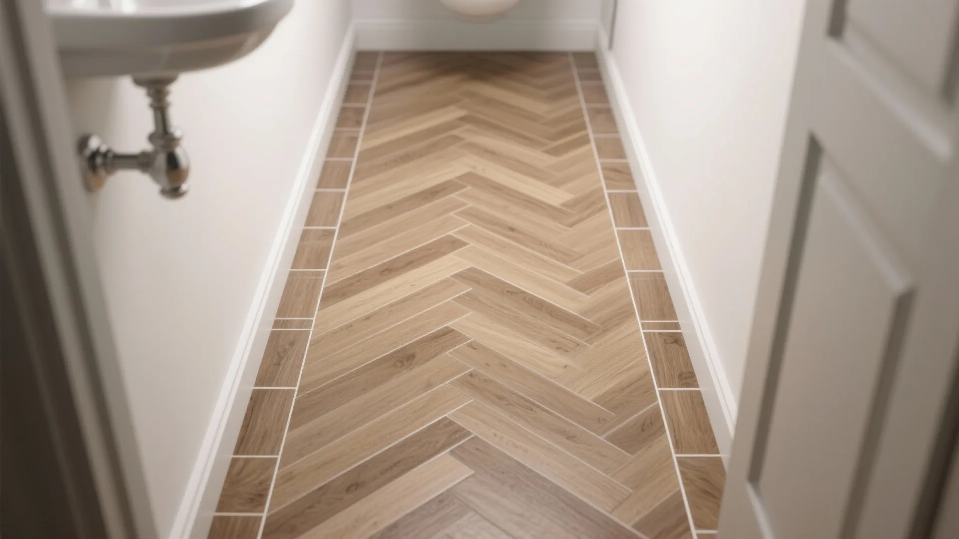 Modern bathroom with wood pattern floor tile and white sink against a clean white wall