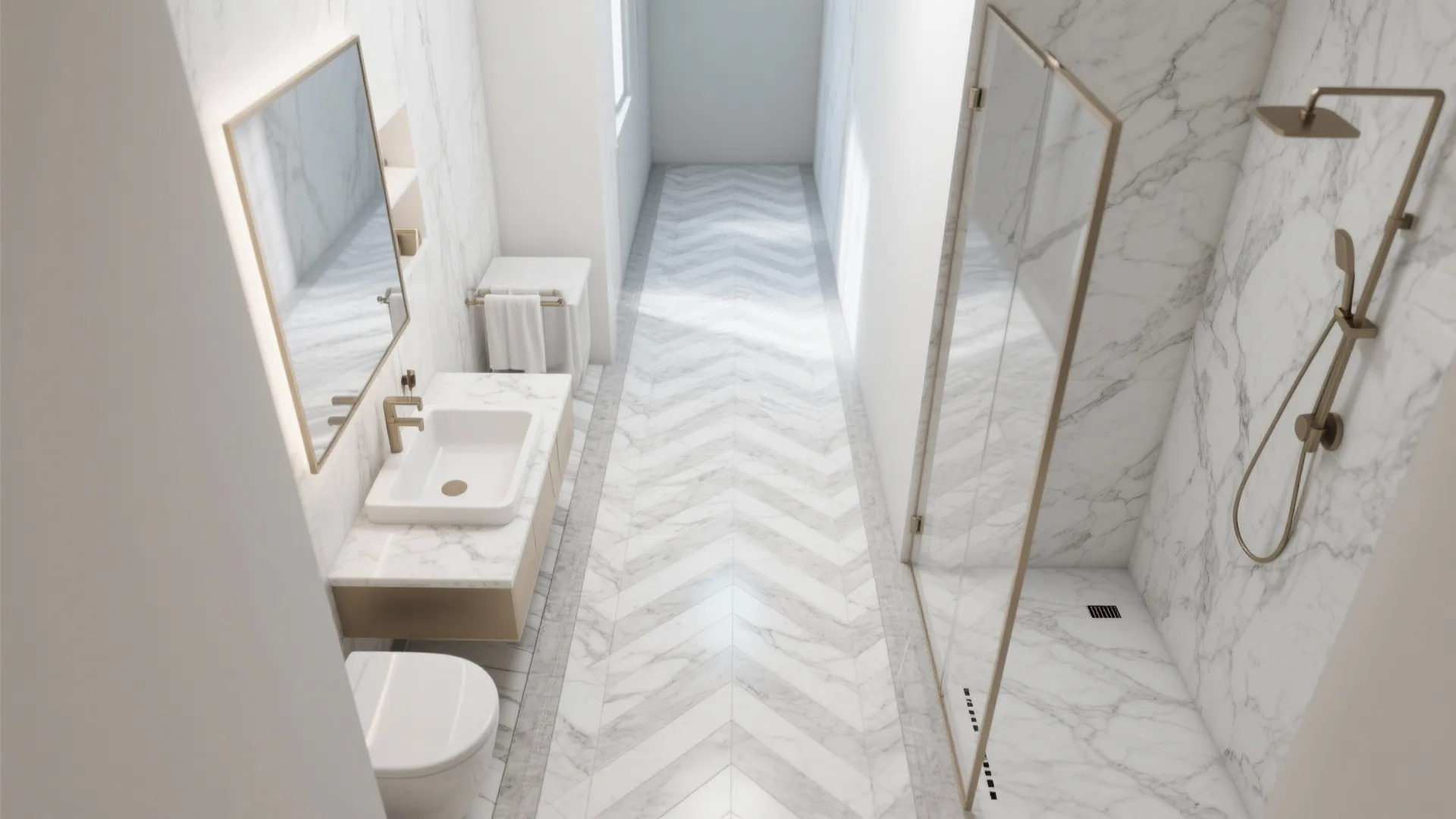 Herringbone Marble Floor to Stretch the Length