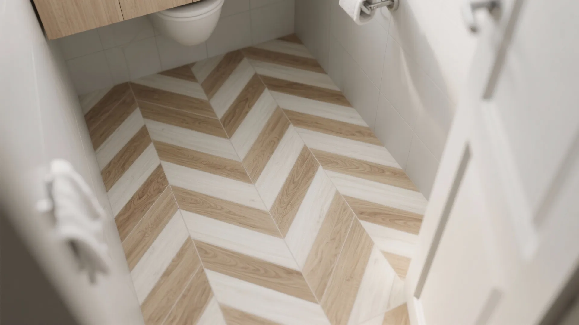 Modern bathroom with light wood and white floor pattern, white toilet, and minimalist wall tiles