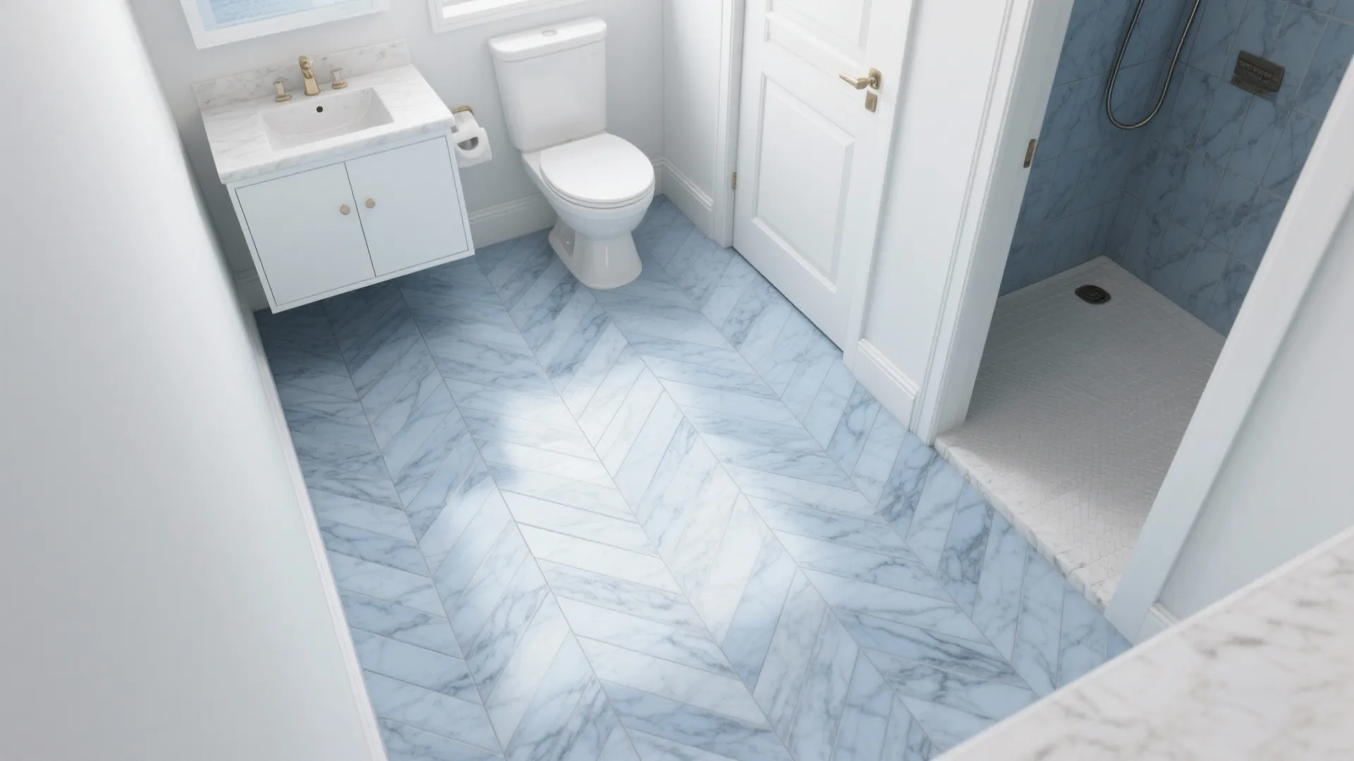 Top-down view of a small bath with blue marble herringbone floor and matching grout.