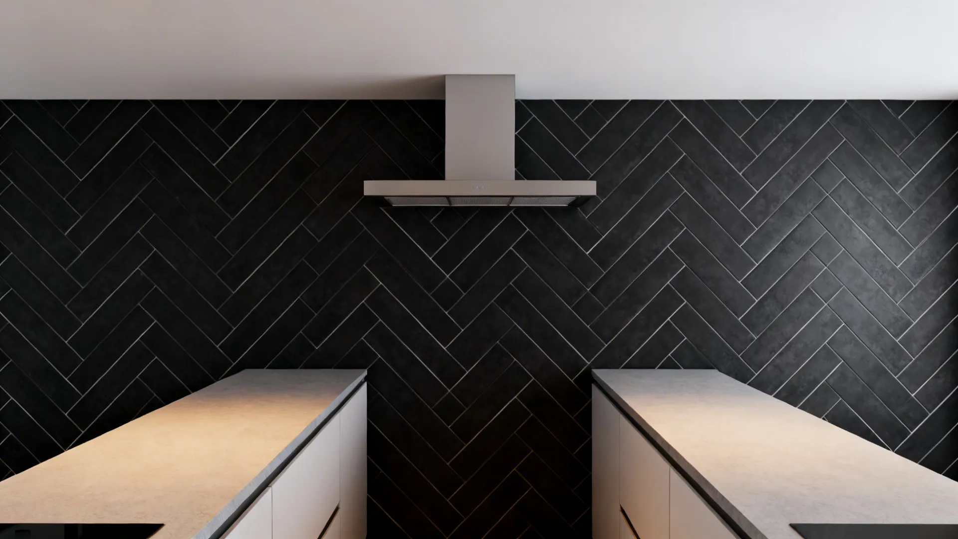 Top-down galley plan showing black herringbone backsplash orientation and flow.