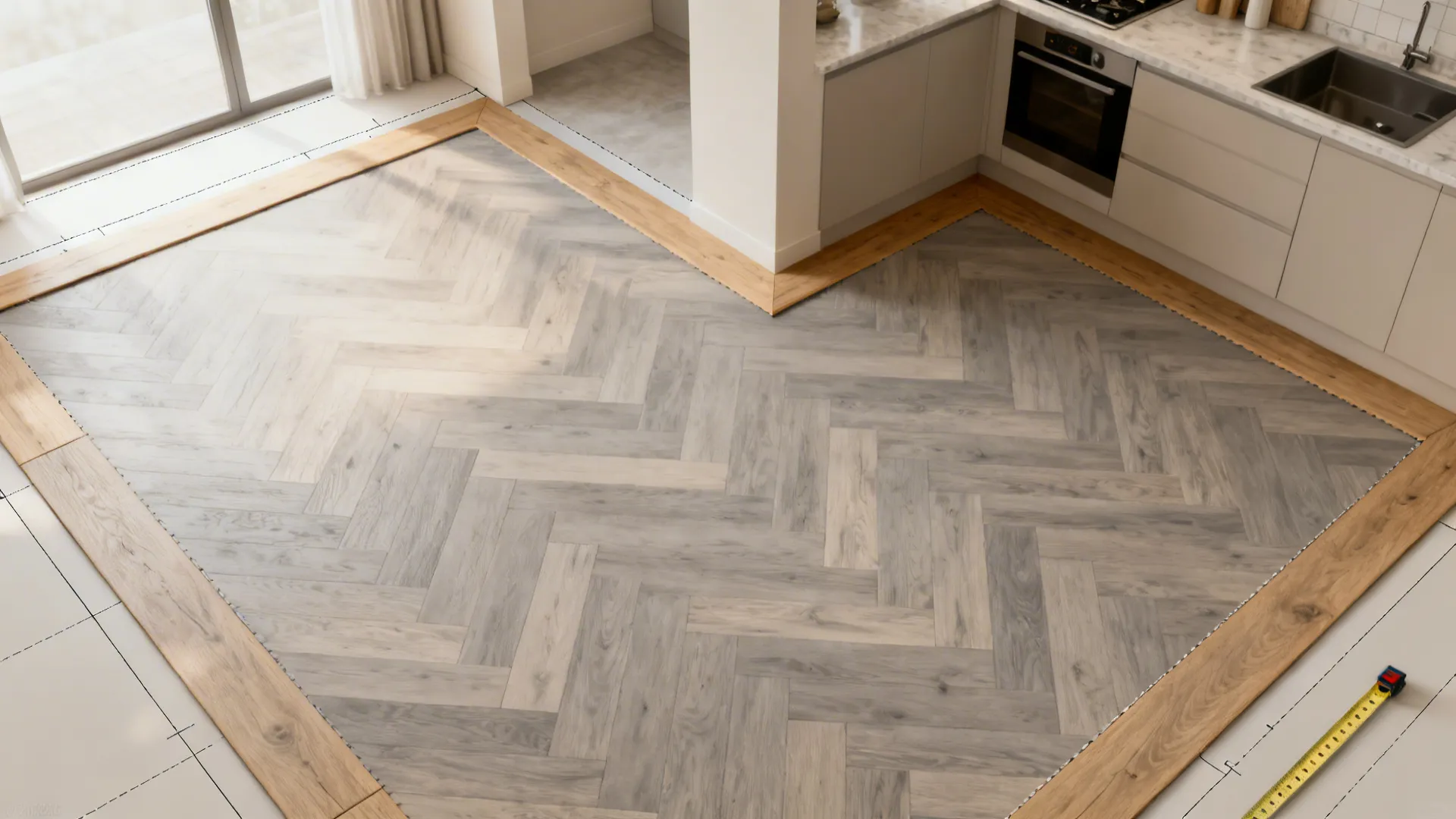 Top-down view of herringbone layout with border plank around kitchen.