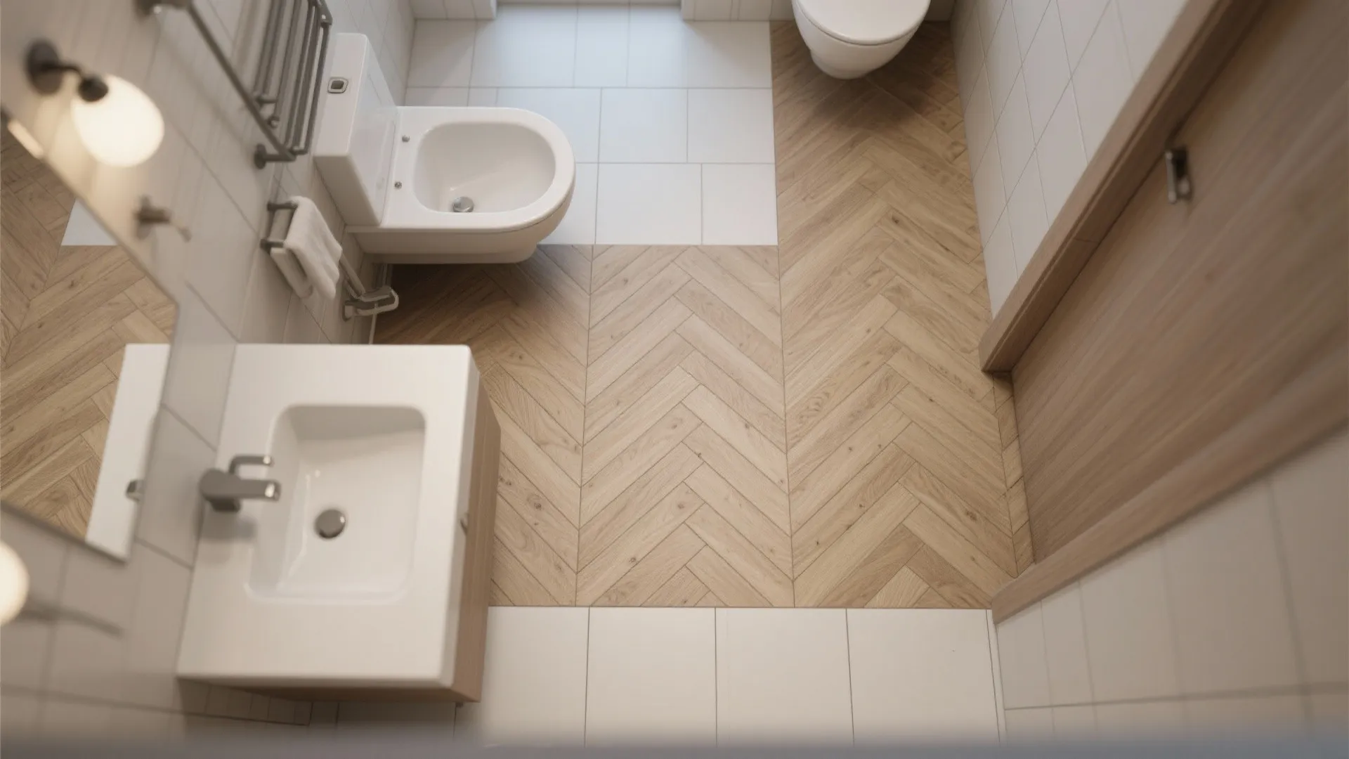 3) Herringbone plank porcelain that elongates the room