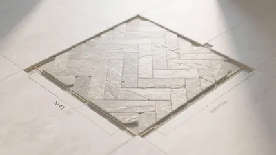 Herringbone Tile Floor Design with Gold Accent Border