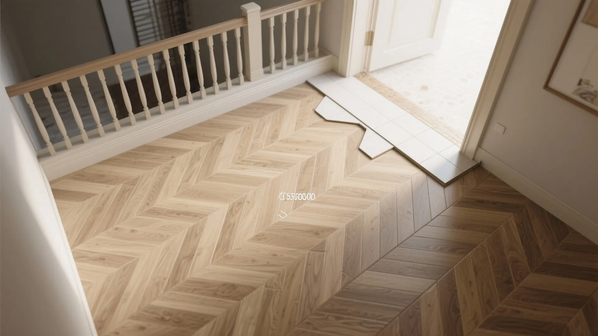 Top-down view of herringbone wood-look porcelain alignment and threshold trim detail.